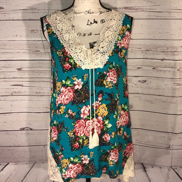 Umgee Tops - Umgee Teal and Pink Floral Sleeveless Tunic Size S